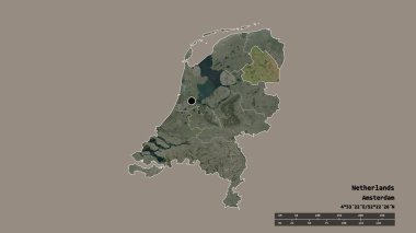 Başkenti, ana bölgesel bölünmesi ve ayrılmış Drenthe bölgesi ile Hollanda 'nın dejenere edilmiş şekli. Etiketler. Uydu görüntüleri. 3B görüntüleme