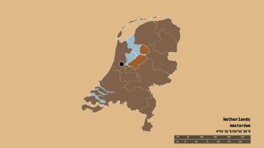Başkenti, ana bölgesel bölümü ve ayrılmış Flevoland bölgesiyle Hollanda 'nın dejenere edilmiş şekli. Etiketler. Düzenli desenli dokuların bileşimi. 3B görüntüleme