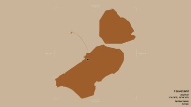 Hollanda 'nın Flevoland bölgesi, katı bir arka planda izole edilmiş bir sınır kutusunda. Etiketler. Desenli dokuların bileşimi. 3B görüntüleme