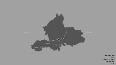 Gelderland bölgesi, Hollanda eyaleti, jeoreferatlı bir sınır kutusunda sağlam bir arka planda izole edilmiştir. Etiketler. Çift seviyeli yükseklik haritası. 3B görüntüleme