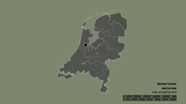 Başkenti, ana bölgesel bölümü ve ayrılmış Groningen bölgesi ile Hollanda 'nın dejenere edilmiş şekli. Etiketler. Renkli yükseklik haritası. 3B görüntüleme