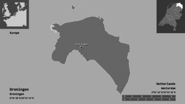 Hollanda 'nın Groningen ili ve başkenti. Uzaklık ölçeği, ön gösterimler ve etiketler. Çift seviyeli yükseklik haritası. 3B görüntüleme
