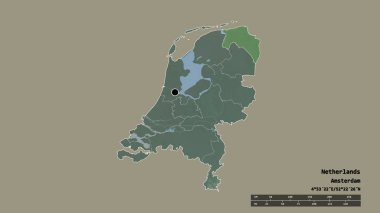 Başkenti, ana bölgesel bölümü ve ayrılmış Groningen bölgesi ile Hollanda 'nın dejenere edilmiş şekli. Etiketler. Topografik yardım haritası. 3B görüntüleme