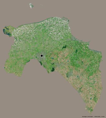 Hollanda 'nın Groningen eyaleti, başkenti katı renk arkaplanı ile izole edilmiştir. Uydu görüntüleri. 3B görüntüleme