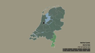 Başkenti, ana bölgesel bölümü ve bölünmüş Limburg bölgesiyle Hollanda 'nın dejenere edilmiş şekli. Etiketler. Topografik yardım haritası. 3B görüntüleme