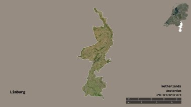 Hollanda 'nın Limburg eyaleti, başkenti sağlam bir zemin üzerinde izole edilmiştir. Uzaklık ölçeği, bölge önizlemesi ve etiketleri. Uydu görüntüleri. 3B görüntüleme