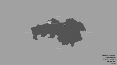 Hollanda 'nın Noord-Brabant bölgesi, katı bir arka planda, bir sınır kutusunda izole edilmiştir. Etiketler. Çift seviyeli yükseklik haritası. 3B görüntüleme