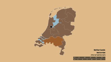 Başkenti, ana bölgesel bölünmesi ve ayrılmış Noord-Brabant bölgesiyle Hollanda 'nın dejenere bir şekli. Etiketler. Düzenli desenli dokuların bileşimi. 3B görüntüleme