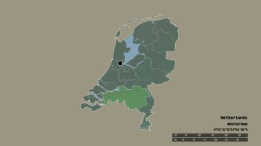 Başkenti, ana bölgesel bölünmesi ve ayrılmış Noord-Brabant bölgesiyle Hollanda 'nın dejenere bir şekli. Etiketler. Topografik yardım haritası. 3B görüntüleme