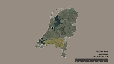 Başkenti, ana bölgesel bölünmesi ve ayrılmış Noord-Brabant bölgesiyle Hollanda 'nın dejenere bir şekli. Etiketler. Uydu görüntüleri. 3B görüntüleme