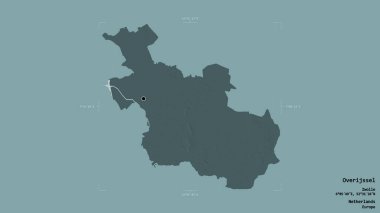 Hollanda 'nın Overijssel Bölgesi, Gürcistan sınırındaki bir kutunun sağlam bir arka planında izole edilmiştir. Etiketler. Renkli yükseklik haritası. 3B görüntüleme