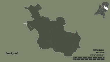 Hollanda 'nın Overijssel eyaleti, başkenti sağlam bir zemin üzerinde izole edilmiştir. Uzaklık ölçeği, bölge önizlemesi ve etiketleri. Renkli yükseklik haritası. 3B görüntüleme