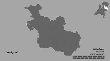 Hollanda 'nın Overijssel eyaleti, başkenti sağlam bir zemin üzerinde izole edilmiştir. Uzaklık ölçeği, bölge önizlemesi ve etiketleri. Çift seviyeli yükseklik haritası. 3B görüntüleme