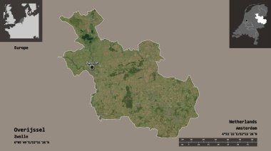Hollanda 'nın Overijssel ili ve başkenti. Uzaklık ölçeği, ön gösterimler ve etiketler. Uydu görüntüleri. 3B görüntüleme