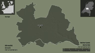 Utrecht 'in şekli, Hollanda ili ve başkenti. Uzaklık ölçeği, ön gösterimler ve etiketler. Renkli yükseklik haritası. 3B görüntüleme
