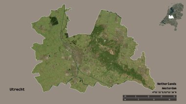 Hollanda 'nın Utrecht eyaleti, başkenti sağlam bir zemin üzerinde izole edilmiştir. Uzaklık ölçeği, bölge önizlemesi ve etiketleri. Uydu görüntüleri. 3B görüntüleme