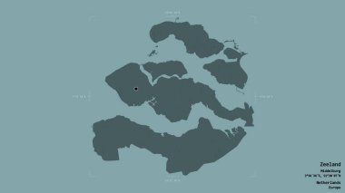 Zeeland bölgesi, Hollanda vilayeti, katı bir arka planda izole edilmiş bir sınır kutusunda. Etiketler. Renkli yükseklik haritası. 3B görüntüleme