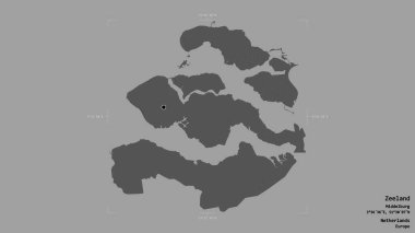 Zeeland bölgesi, Hollanda vilayeti, katı bir arka planda izole edilmiş bir sınır kutusunda. Etiketler. Çift seviyeli yükseklik haritası. 3B görüntüleme