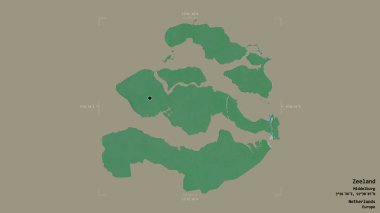 Zeeland bölgesi, Hollanda vilayeti, katı bir arka planda izole edilmiş bir sınır kutusunda. Etiketler. Topografik yardım haritası. 3B görüntüleme