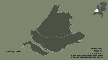 Hollanda 'nın Zuid-Holland eyaleti, başkenti sağlam bir zemin üzerinde izole edilmiştir. Uzaklık ölçeği, bölge önizlemesi ve etiketleri. Renkli yükseklik haritası. 3B görüntüleme