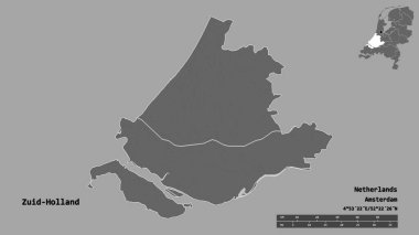 Hollanda 'nın Zuid-Holland eyaleti, başkenti sağlam bir zemin üzerinde izole edilmiştir. Uzaklık ölçeği, bölge önizlemesi ve etiketleri. Çift seviyeli yükseklik haritası. 3B görüntüleme