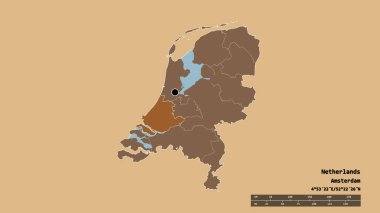 Başkenti, ana bölgesel bölümü ve ayrılmış Zuid-Hollanda bölgesi ile Hollanda 'nın dejenere edilmiş şekli. Etiketler. Düzenli desenli dokuların bileşimi. 3B görüntüleme