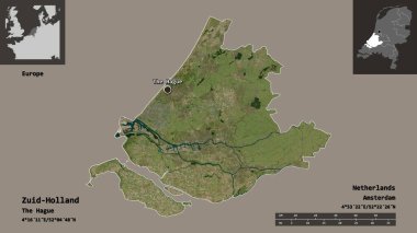 Zuid-Holland 'ın şekli, Hollanda eyaleti ve başkenti. Uzaklık ölçeği, ön gösterimler ve etiketler. Uydu görüntüleri. 3B görüntüleme