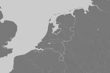 Hollanda 'nın ülke sınırları, uluslararası ve bölgesel sınırları olan geniş bir bölgesi. Çift seviyeli yükseklik haritası. 3B görüntüleme