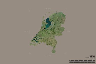 Hollanda bölgesi katı bir arka planda izole edilmiş bir sınır kutusunda. Ana bölgesel bölüm, mesafe ölçeği, etiketler. Uydu görüntüleri. 3B görüntüleme