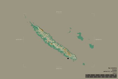 New Caledonia bölgesi katı bir arka planda izole edilmiş bir sınır kutusunda. Ana bölgesel bölüm, mesafe ölçeği, etiketler. Topografik yardım haritası. 3B görüntüleme
