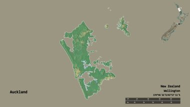 Auckland 'ın şekli, Yeni Zelanda bölge konseyi, başkenti sağlam arka planda izole edilmiş. Uzaklık ölçeği, bölge önizlemesi ve etiketleri. Topografik yardım haritası. 3B görüntüleme