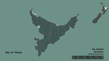 Bolluk Körfezi 'nin şekli, Yeni Zelanda bölge konseyi, sermayesi sağlam arka planda izole edilmiş. Uzaklık ölçeği, bölge önizlemesi ve etiketleri. Renkli yükseklik haritası. 3B görüntüleme