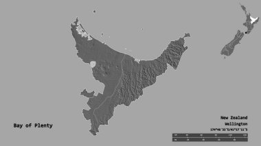 Bolluk Körfezi 'nin şekli, Yeni Zelanda bölge konseyi, sermayesi sağlam arka planda izole edilmiş. Uzaklık ölçeği, bölge önizlemesi ve etiketleri. Çift seviyeli yükseklik haritası. 3B görüntüleme
