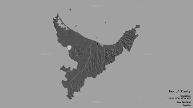 Bolluk Körfezi Bölgesi, Yeni Zelanda bölge konseyi, katı bir arka planda izole edilmiş bir sınır kutusunda. Etiketler. Çift seviyeli yükseklik haritası. 3B görüntüleme