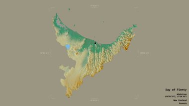 Bolluk Körfezi Bölgesi, Yeni Zelanda bölge konseyi, katı bir arka planda izole edilmiş bir sınır kutusunda. Etiketler. Topografik yardım haritası. 3B görüntüleme