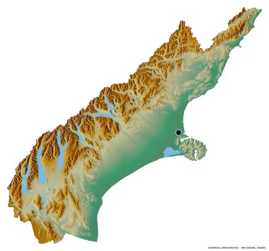 Canterbury 'nin şekli, Yeni Zelanda bölge konseyi, başkenti beyaz arka planda izole edilmiş. Topografik yardım haritası. 3B görüntüleme