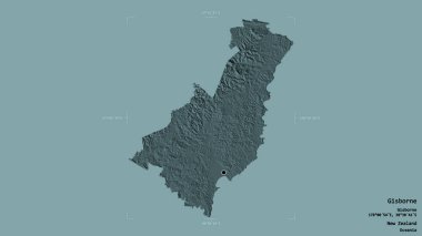 Gisborne bölgesi, Yeni Zelanda bölge konseyi, bir sınır kutusunda sağlam bir arka planda izole edildi. Etiketler. Renkli yükseklik haritası. 3B görüntüleme