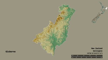 Gisborne 'un şekli, Yeni Zelanda bölge konseyi, sermayesi sağlam arka planda izole edilmiş. Uzaklık ölçeği, bölge önizlemesi ve etiketleri. Topografik yardım haritası. 3B görüntüleme