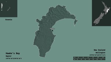 Hawke Körfezi 'nin şekli, Yeni Zelanda bölge konseyi ve başkenti. Uzaklık ölçeği, ön gösterimler ve etiketler. Renkli yükseklik haritası. 3B görüntüleme