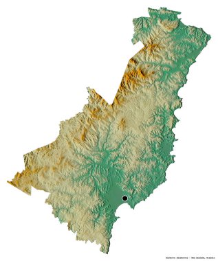 Gisborne 'un şekli, Yeni Zelanda bölge konseyi, başkenti beyaz arka planda izole edilmiş. Topografik yardım haritası. 3B görüntüleme