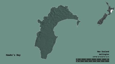 Hawke Körfezi 'nin şekli, Yeni Zelanda bölge konseyi, başkenti sağlam bir arka planda izole edilmiş. Uzaklık ölçeği, bölge önizlemesi ve etiketleri. Renkli yükseklik haritası. 3B görüntüleme