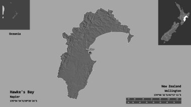 Hawke Körfezi 'nin şekli, Yeni Zelanda bölge konseyi ve başkenti. Uzaklık ölçeği, ön gösterimler ve etiketler. Çift seviyeli yükseklik haritası. 3B görüntüleme