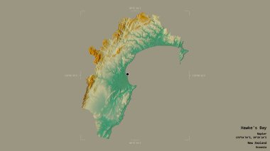 Hawke Körfezi Bölgesi, Yeni Zelanda bölge konseyi, sağlam bir arka planda bir sınır kutusunda izole edilmiş. Etiketler. Topografik yardım haritası. 3B görüntüleme