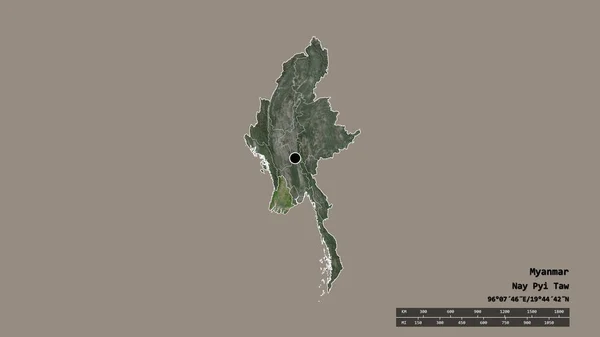 主な地域部門と分離Ayeyarwadyエリアを持つミャンマーの荒廃した形 ラベル 衛星画像 3Dレンダリング — ストック写真