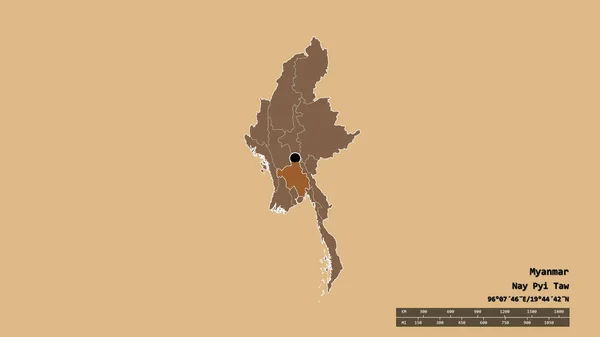 Desaturated Shape Myanmar Its Capital Main Regional Division Separated Bago — Stock Photo, Image