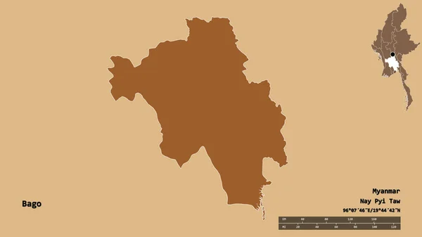 Bago形状 缅甸的分裂 其首都孤立在坚实的背景下 距离尺度 区域预览和标签 有规律的纹理的组成 3D渲染 — 图库照片