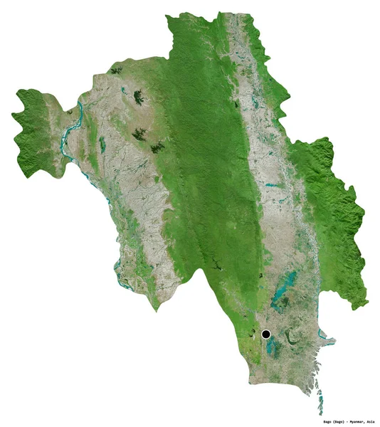 Shape Bago Division Myanmar Its Capital Isolated White Background Satellite — Stock Photo, Image