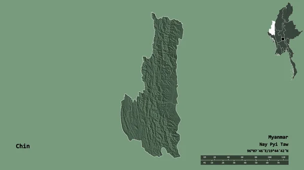 缅甸联邦钦邦的形状 其首都孤立在坚实的背景下 距离尺度 区域预览和标签 彩色高程图 3D渲染 — 图库照片