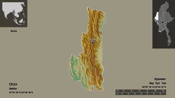 Chin Şekli Myanmar Eyaleti Başkenti Uzaklık Ölçeği Gösterimler Etiketler Topografik — Stok fotoğraf