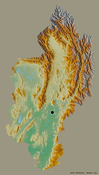 缅甸克钦邦的形状 其首都用纯色背景隔开 地形浮雕图 3D渲染 — 图库照片